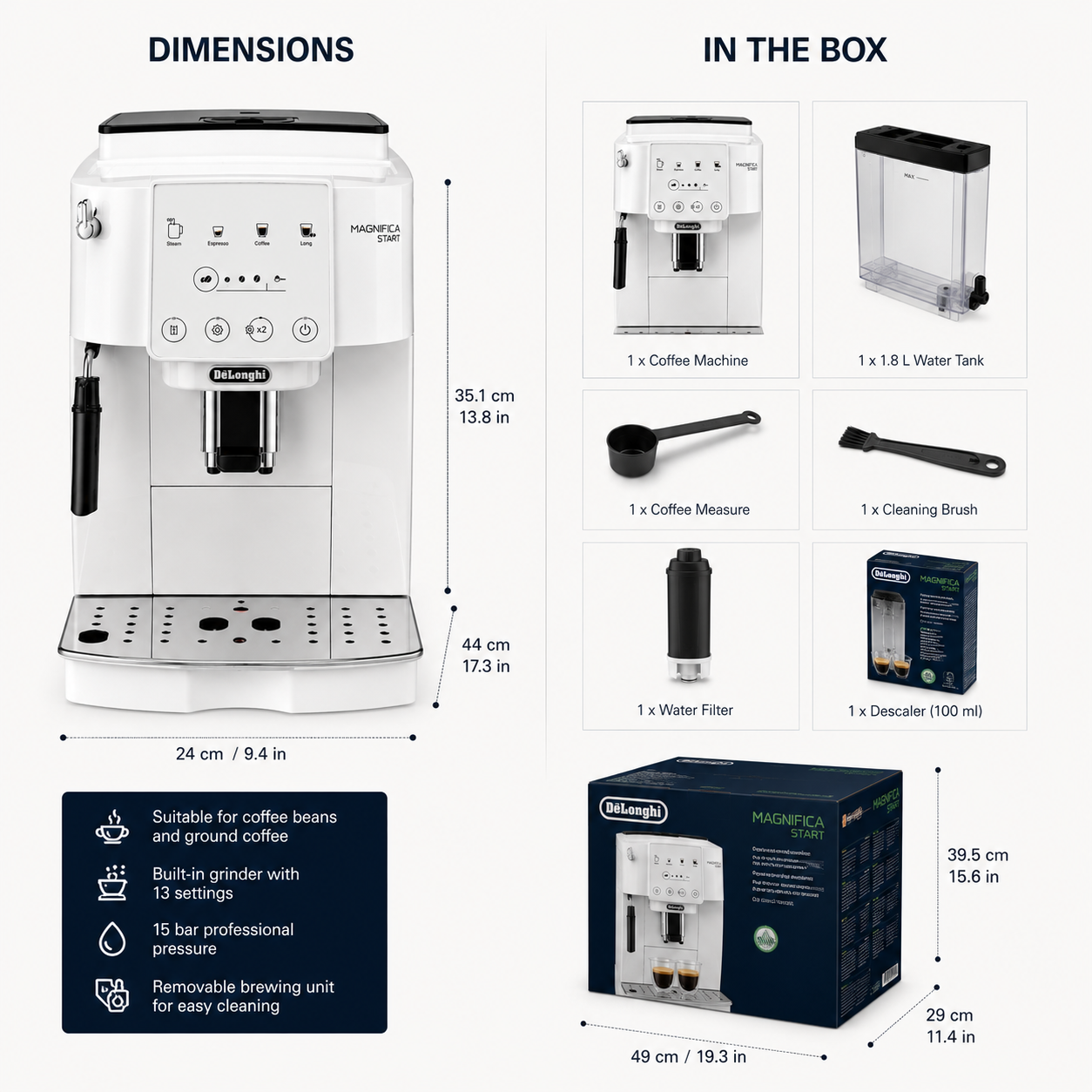 De'Longhi Magnifica Start Automatic Espresso Machine ECAM220.21.W