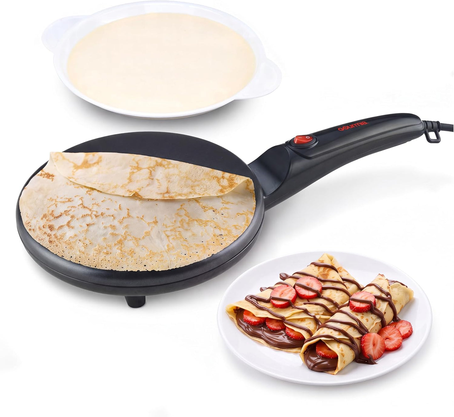 Gourmia Electric Crepe Maker – Dip & Cook Design, 8” Nonstick Cooking Surface, Includes Batter Tray, Compact & Easy to Clean, Crepe, Pancake & Tortilla Maker
