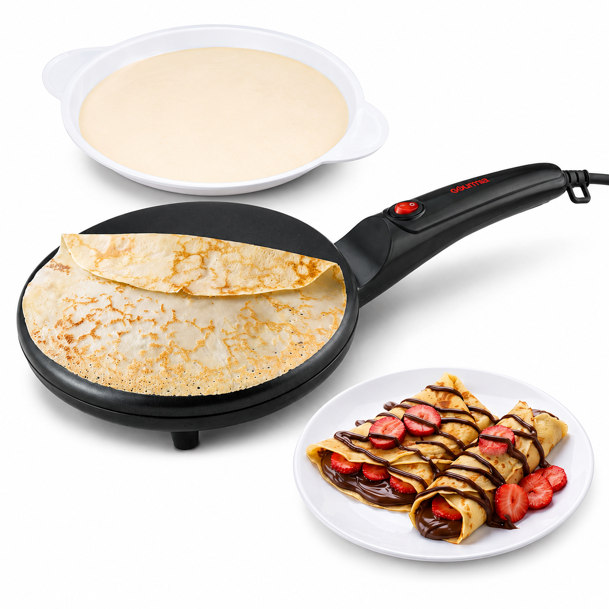Gourmia Electric Crepe Maker – Dip & Cook Design, 8” Nonstick Cooking Surface, Includes Batter Tray, Compact & Easy to Clean, Crepe, Pancake & Tortilla Maker