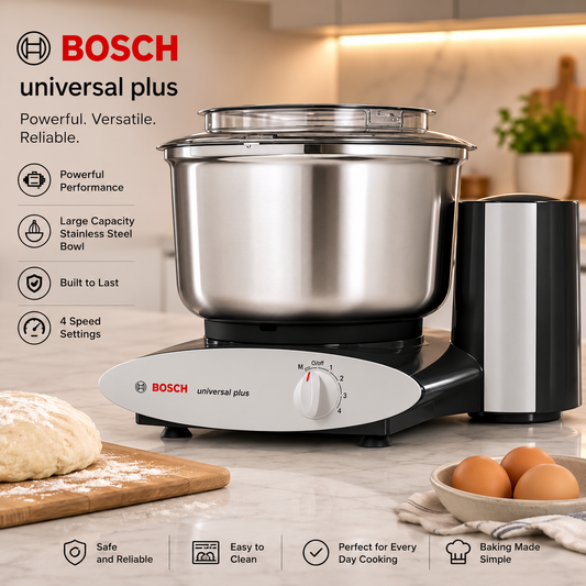 Bosch Universal Plus Stand Mixer with Stainless Steel Bowl with NutriMill Dough Hook Extender Bundle- Black 500 Watt
