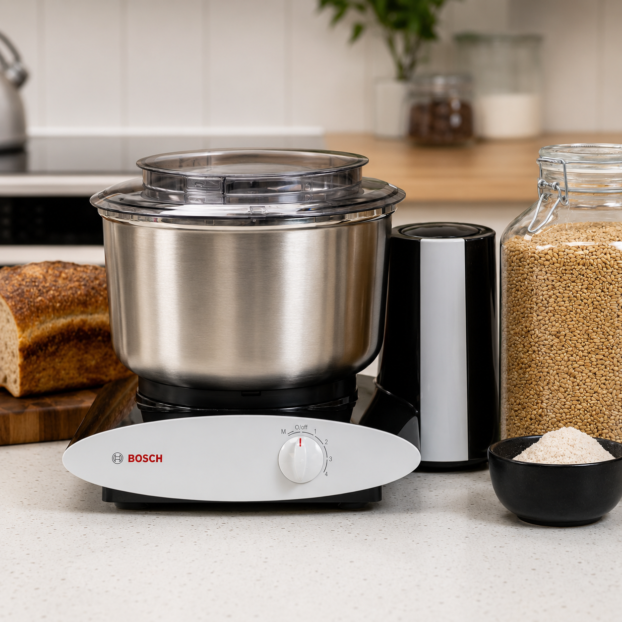 Bosch Universal Plus Stand Mixer with Stainless Steel Bowl with NutriMill Dough Hook Extender Bundle- Black 500 Watt