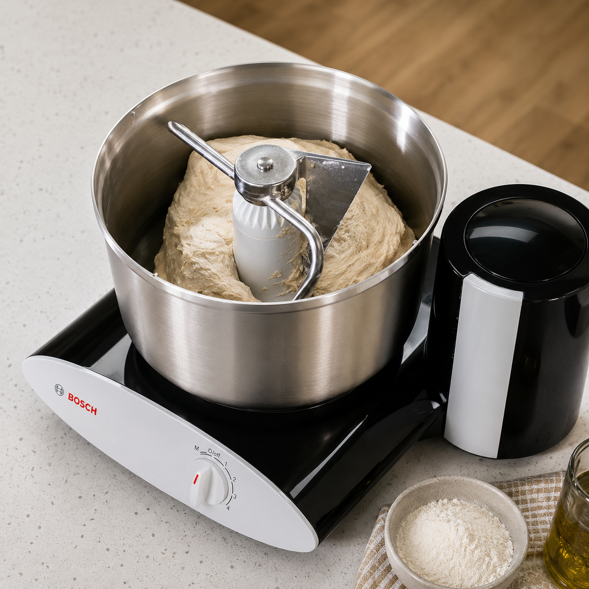 Bosch Universal Plus Stand Mixer with Stainless Steel Bowl with NutriMill Dough Hook Extender Bundle- Black 500 Watt
