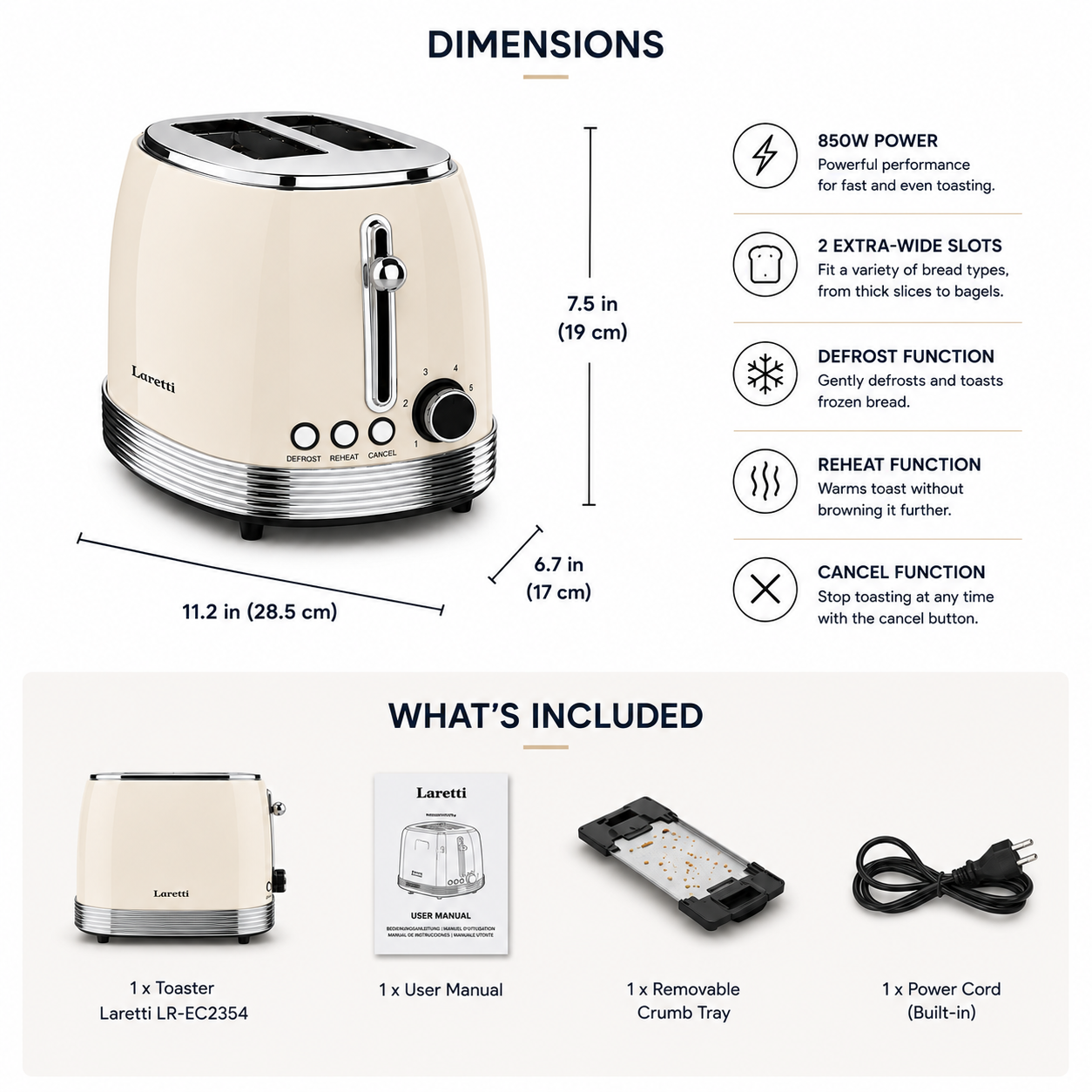 Laretti Retro 2-Slice Toaster LR-EC2354 – Cream